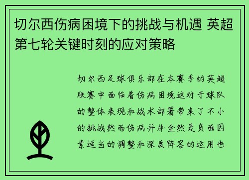 切尔西伤病困境下的挑战与机遇 英超第七轮关键时刻的应对策略
